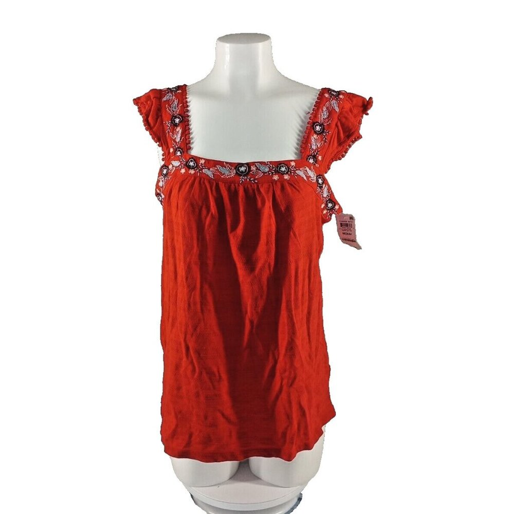 NWT STYLE&CO Embroidered Floral Top M(8-10) Red Elastic Back Wide Strap Cotton
